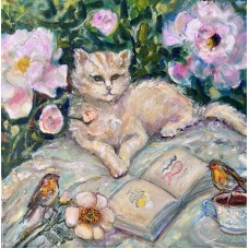 Tea, Cat and Roses - original 40 × 40 cm oil painting 
